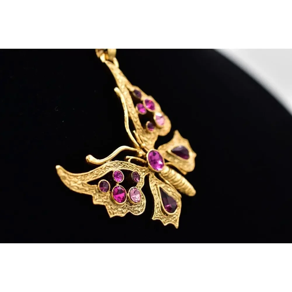 1928 Butterfly Pendant Necklace Purple Rhinestone Crystal Magenta Gold 90s BinBJ
